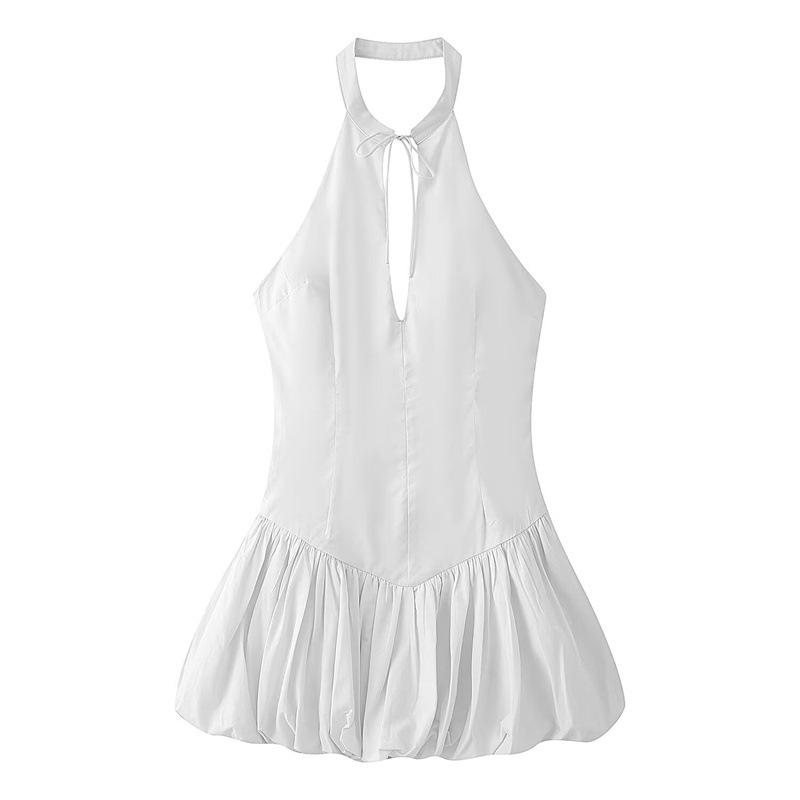 2026 Women's Poplin Halter Neck Balloon Silhouette Short Dress