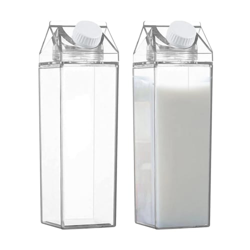 Qkbuza 2-Piece Milk Carton-Shaped Drink Bottle, Clear Plastic, Large Capacity Water Bottle for Direct Drinking, Leak-Proof, Portable Square Breast Mil