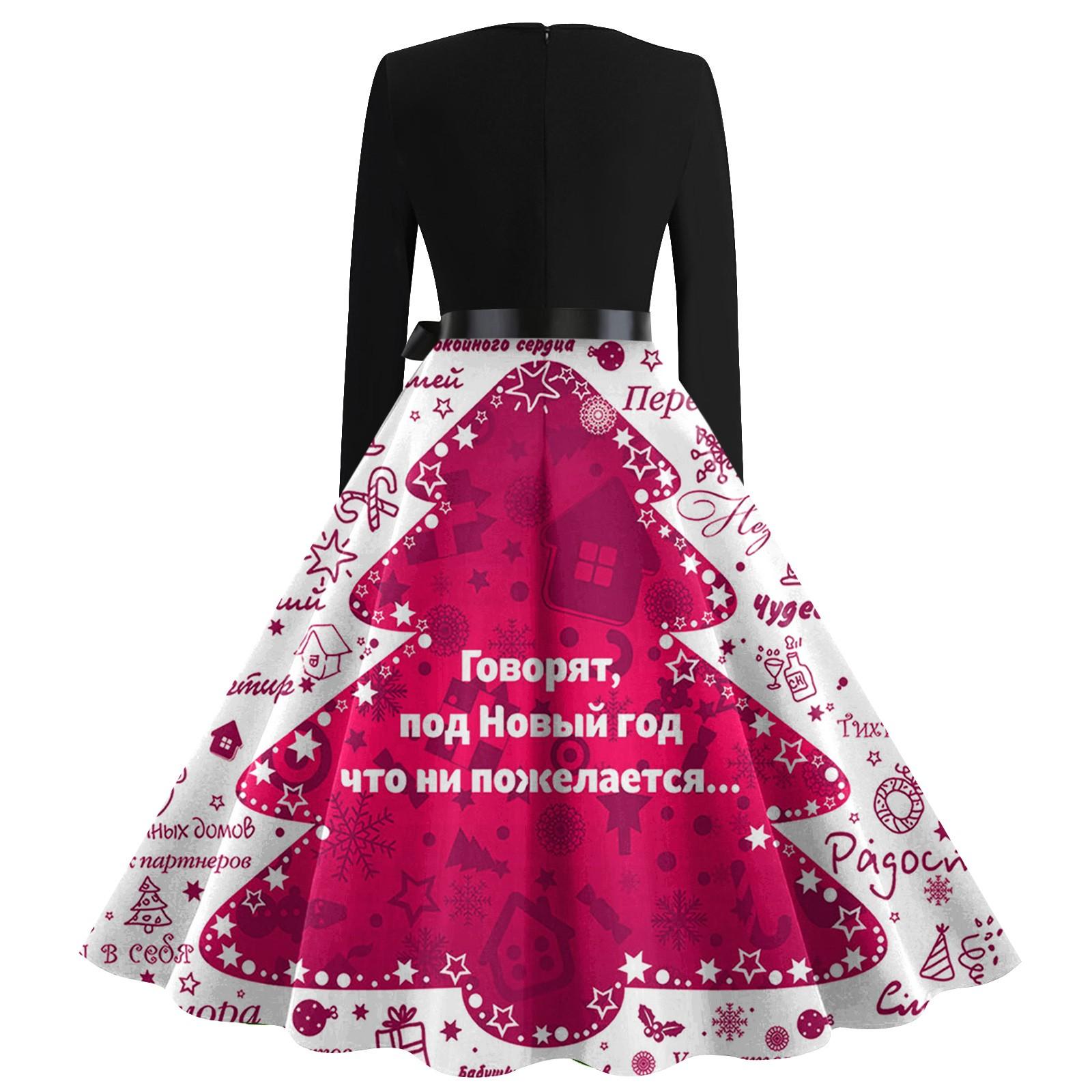 Женская мода винтаж с длинным рукавом квадратный вырез рождественский принт вечерние — фото 4