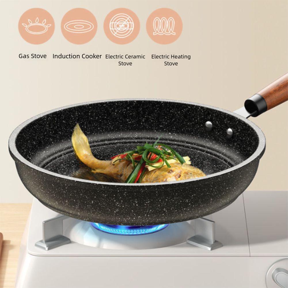 Flat Bottomed Stir Fry Pan Wood Handle Omelette Skillet Multipurpose Frying Pan  Steak