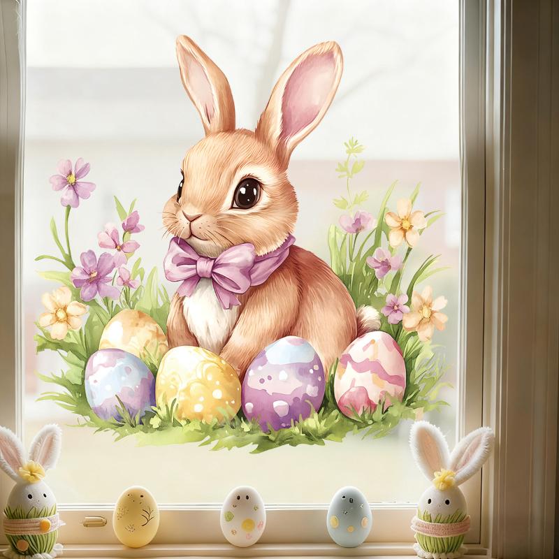 Easter Bunny And Flower Stickers Removable Waterproof Pvc Decals For Living Room Balcony Window Decor Easter Party Decoration
