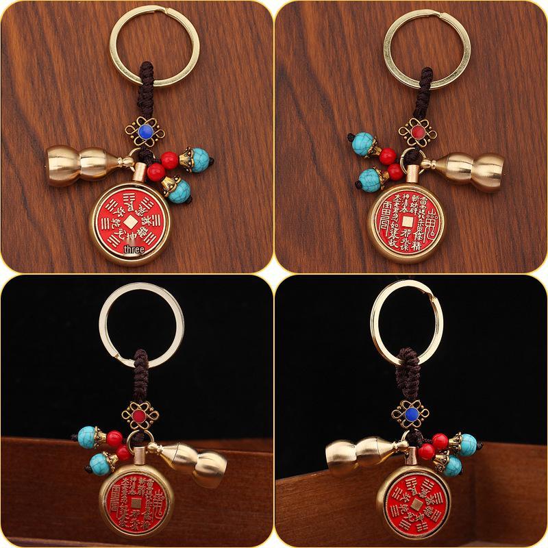 Brass Ghost Coin Pendant: Copper Bag Ornament with Red Oil Bagua Design