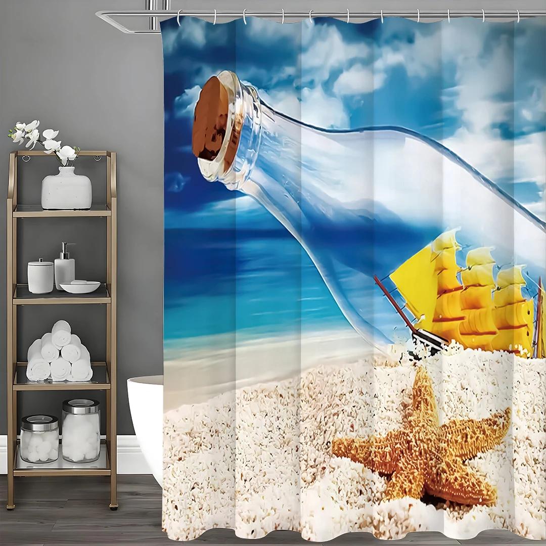 

Beach Starfish Glass Bottle Sailboat Shower Curtain, Bathroom Decorative Shower Curtain, Waterproof Shower Curtain With Hooks W60H190(CM)-1 Pcs
