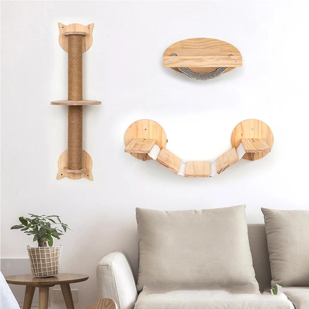 Wall Mounted Cat Climbing Shelves Cat House Cat Bridge Cat Hammock with Scratching Post and Pedals or Stairway for Kittens