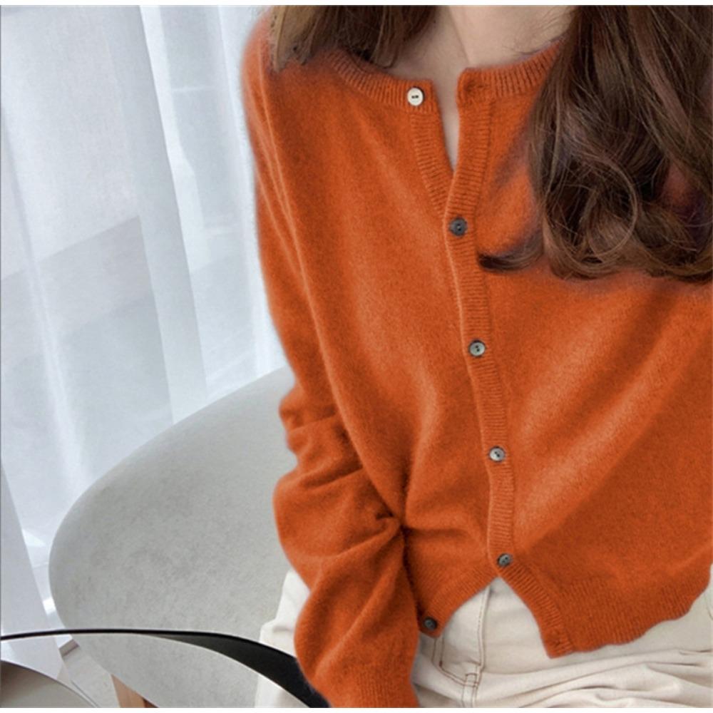 

Однотонный трикотажный женский кардиган корейский однобортный с длинным рукавом женский круглый вырез универсальный кардиган верхняя одежда One size оранжевый