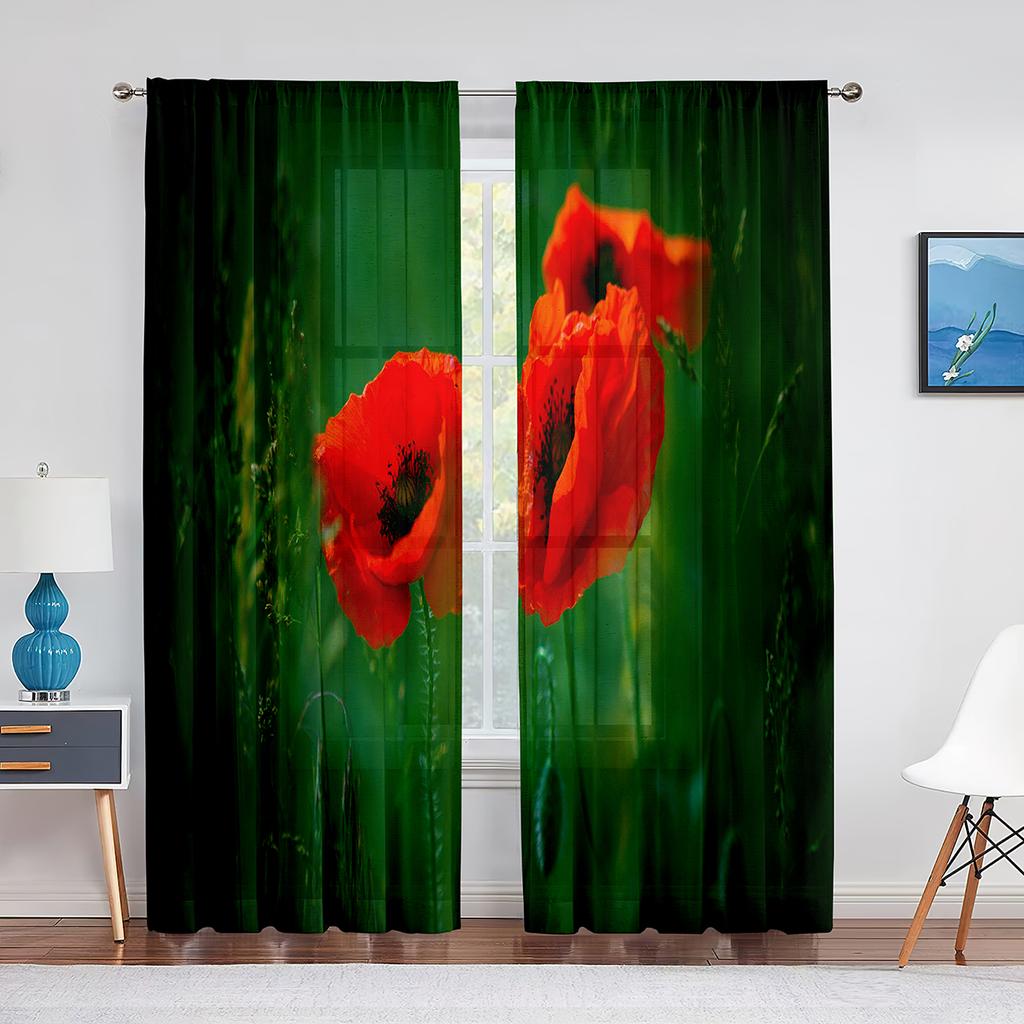 Poppy Flower Red Floral Sheer Voile Curtains for Living Room Bedroom Kitchen Tulle Window Curtain Home Decoration Chiffon Drapes