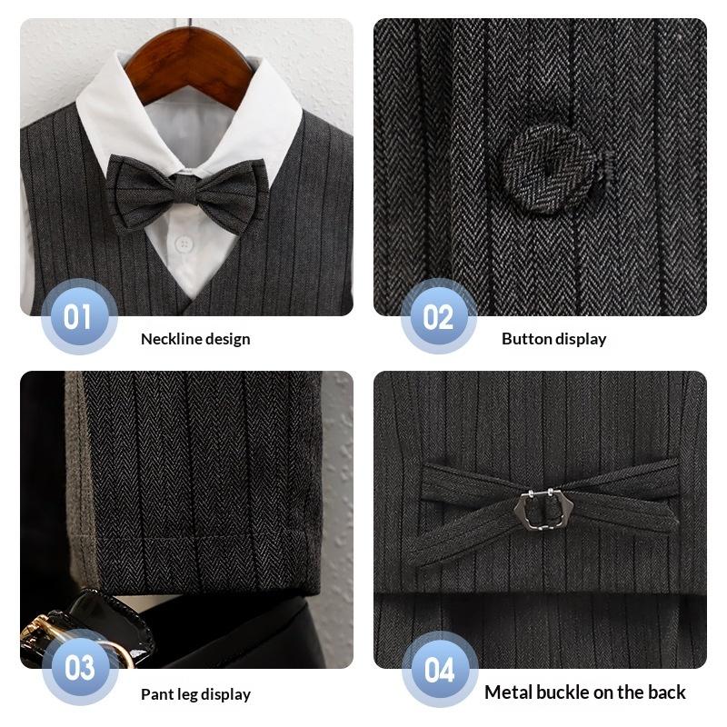 Boys Pinstripe Waistcoat 4 Piece Gentleman Suit White Shirt Bow Straight Pants Kids Wedding Flower Boy Birthday Photo Children Formal Outfit Set
