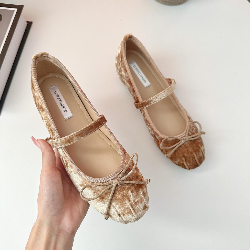 Inner Heightening Women's Shoes French Suede Bow Pig Nose Ballet Single Shoes Women's One-word Buckle Strap Flat Mary Jane Shoes