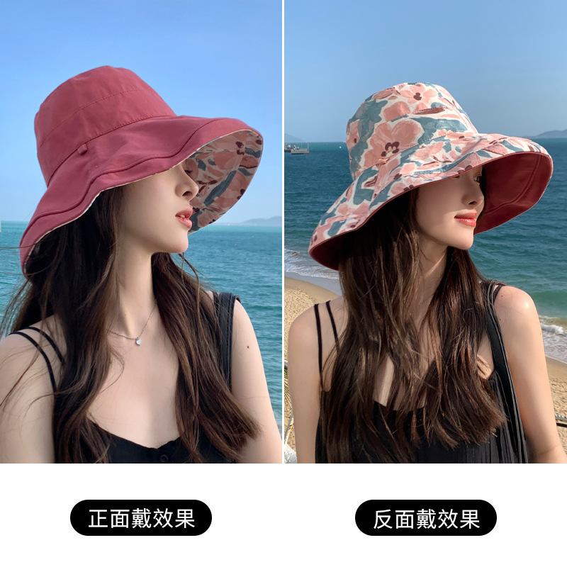 Flower bucket hat women's spring and summer sunscreen sunshade UV protection casual big eaves cover face big head circumference double basin hat