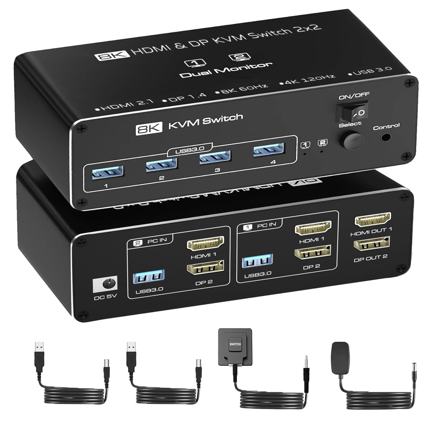 8K HDMI DisplayPort Dual Monitor KVM 2 Displays Simultaneous USB 2 4 Dual Monitor KVM Keyboard Mouse Home Support Switcher, 2-PC Switch, Output, HDMI,