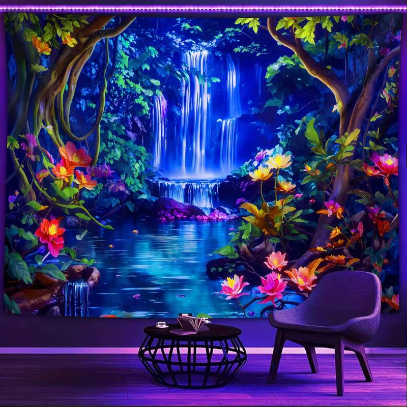 2D Blacklight Waterfall Tapestry Psychedelic Forest Wall Hanging for Bedroom Decor