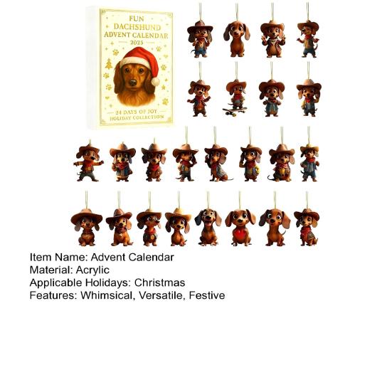 Jezevčík Vánoční adventní kalendář 2025 Odpočítávání 24 dní Akrylové ozdoby jezevčíka Roztomilá sváteční dekorace pro milovníky psů Suvenýry