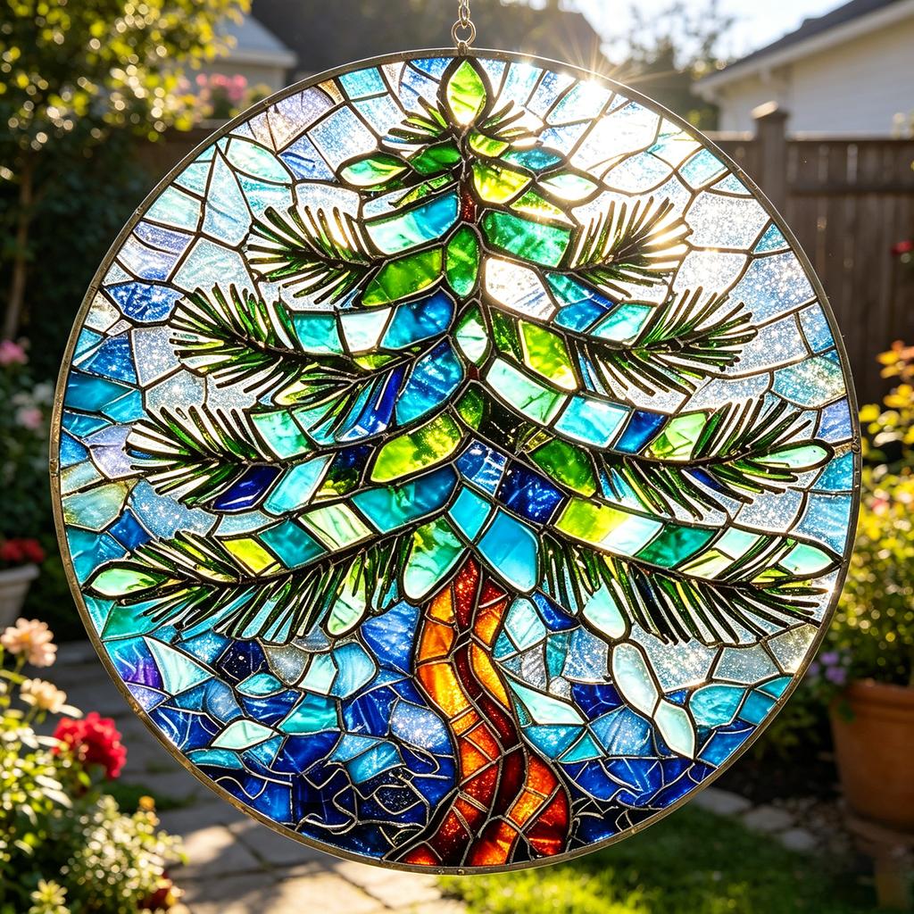 2D Acrylic Puzzle Suncatcher Window Hanging Decor Stained Glass Style Tree Design Round Ornament for Home Office Indoor Outdoor Use