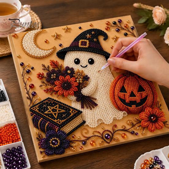 Pumpkin Wall Art Ghost Faux Pearl Kit, Halloween Painting DIY Autumn Home Decor 3D Spooky Skull Craft Kit for Adults Beginners, Fall Handmade