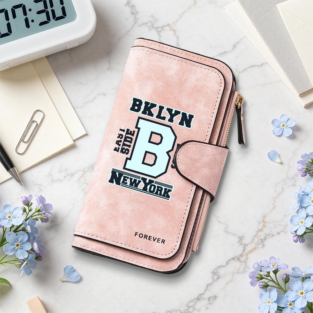 BKLYN New York Print Long Wallet Casual Portable Multi Slot Card Holder Fashion PU Leather Wallet for Daily Use 