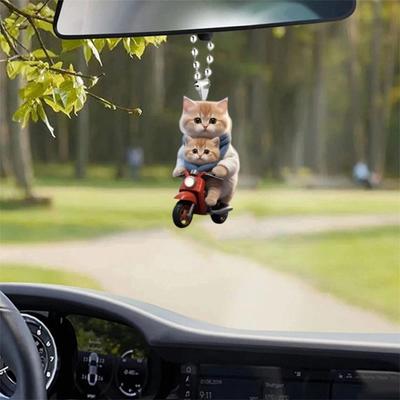 Motorbike Cat Acrylic Hanging Decoration Home Indoor Christmas Tree Car Rearview Mirror 2D Flat Riding Kitten Hanging Ornament Cartoon Animal Pendant