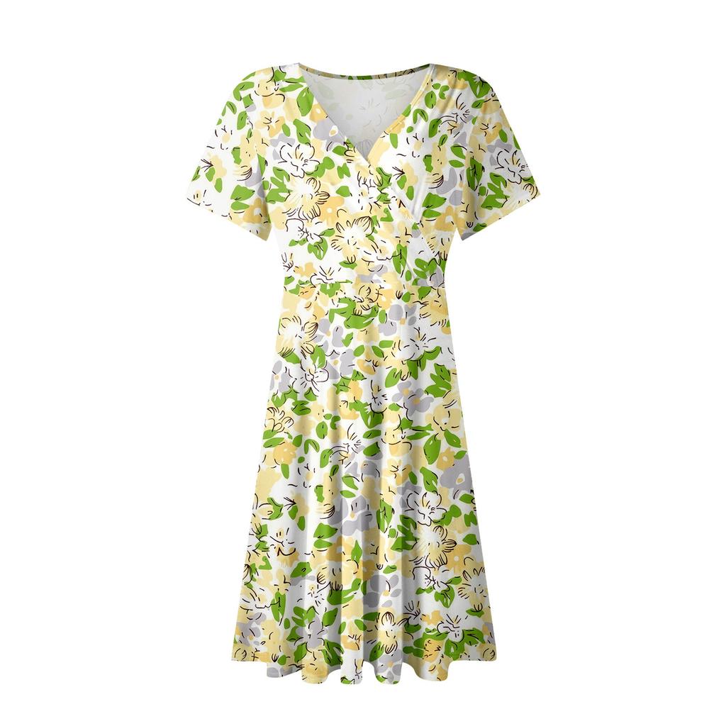 Damen Sommerkleid Locker Strandurlaub Lässig Tiefer V-Ausschnitt Kleid Kurzarm Elegant Hemdkleid