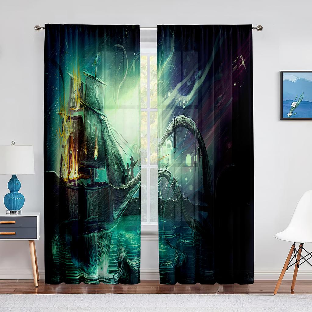 Pirate Ship Nautical Fantasy Ocean Starry Sky Tulle Curtains for Living Room Bedroom Kitchen Window Chiffon Sheer Curtain Blinds