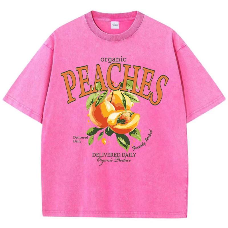 Casual Woman Acid Wash T-Shirts Fresh Peaches Delivered Daily Prints Tops Distressed Crewneck Oversize Cotton Clothes