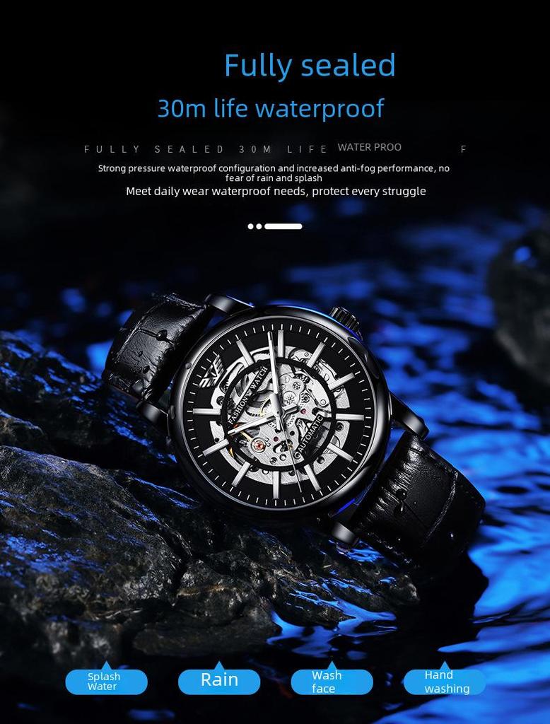 Popular Men's Black Warrior Hollow Mechanical Watch - Stylish, Waterproof, Luminous, Automatic