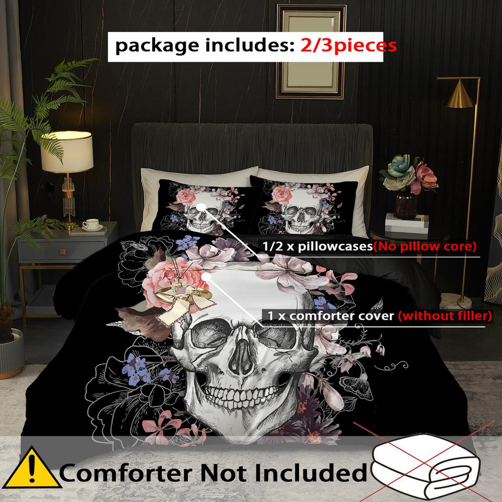 Skeleton Rose 3d Printed Duvet Cover Set Halloween Gothic Style Bedding Set Polyester Soft Comfortable Quilt Cover Pillowcases