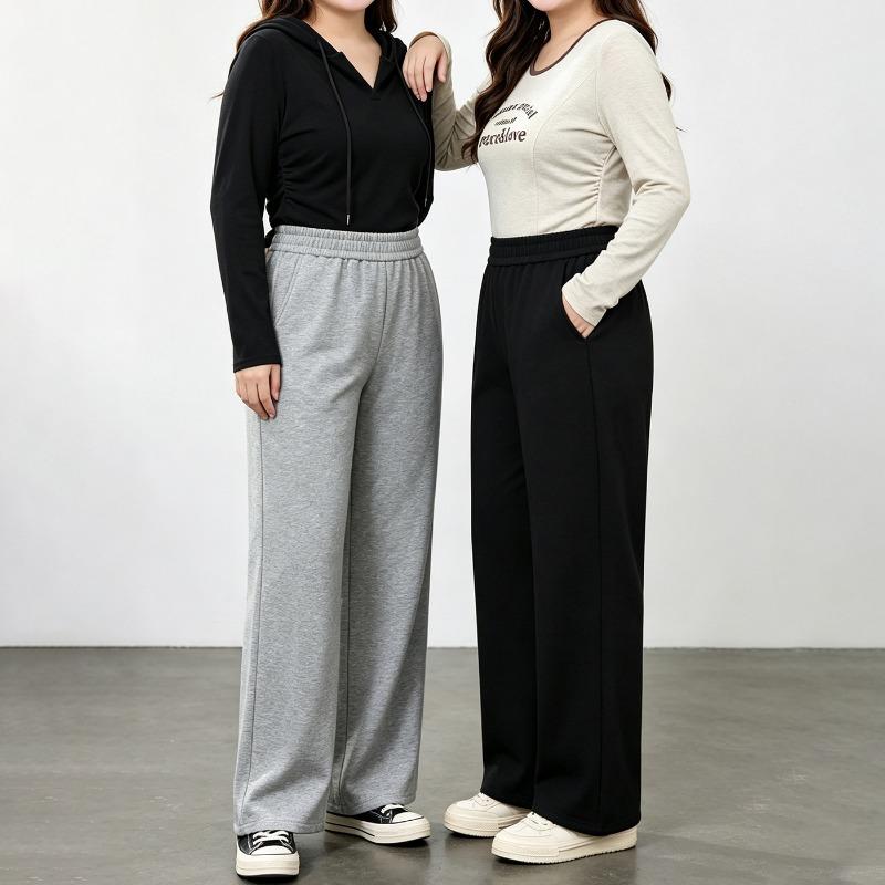 Plus Size Women Elastic High Waist Loose Straight Wide Leg Casual Pants