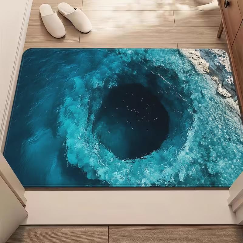 2D Ice Cave Door Mat Blue Pool Entrance Rug Hole Themed Visual Illusion Non-Slip Indoor Welcome Mat Cool Home Hallway Decor