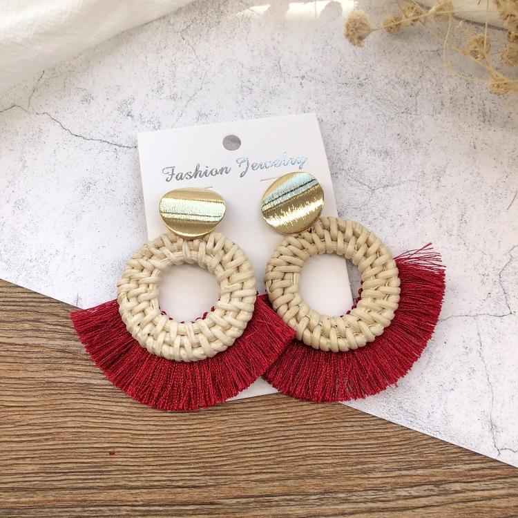 Holiday Style Handmade Grass Rattan Woven Earrings Retro Fringed Simple Stud Earrings Temperament Versatile Women's Earrings