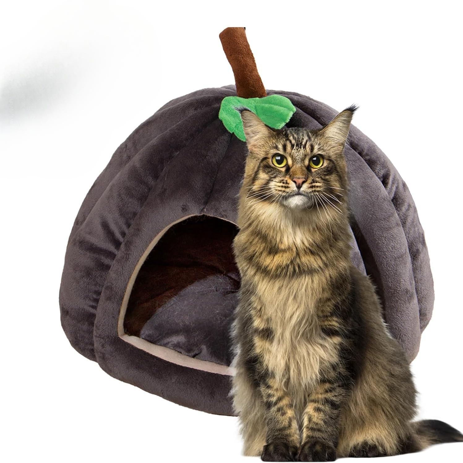 

3D Кровать-тыква для кошки, домик для питомца, полузакрытый, со съемным дном, нескользящий, мягкий ПП хлопок, подходит для зимы, для кошки/собаки, теплый, утолщенный домик для питомца S серый