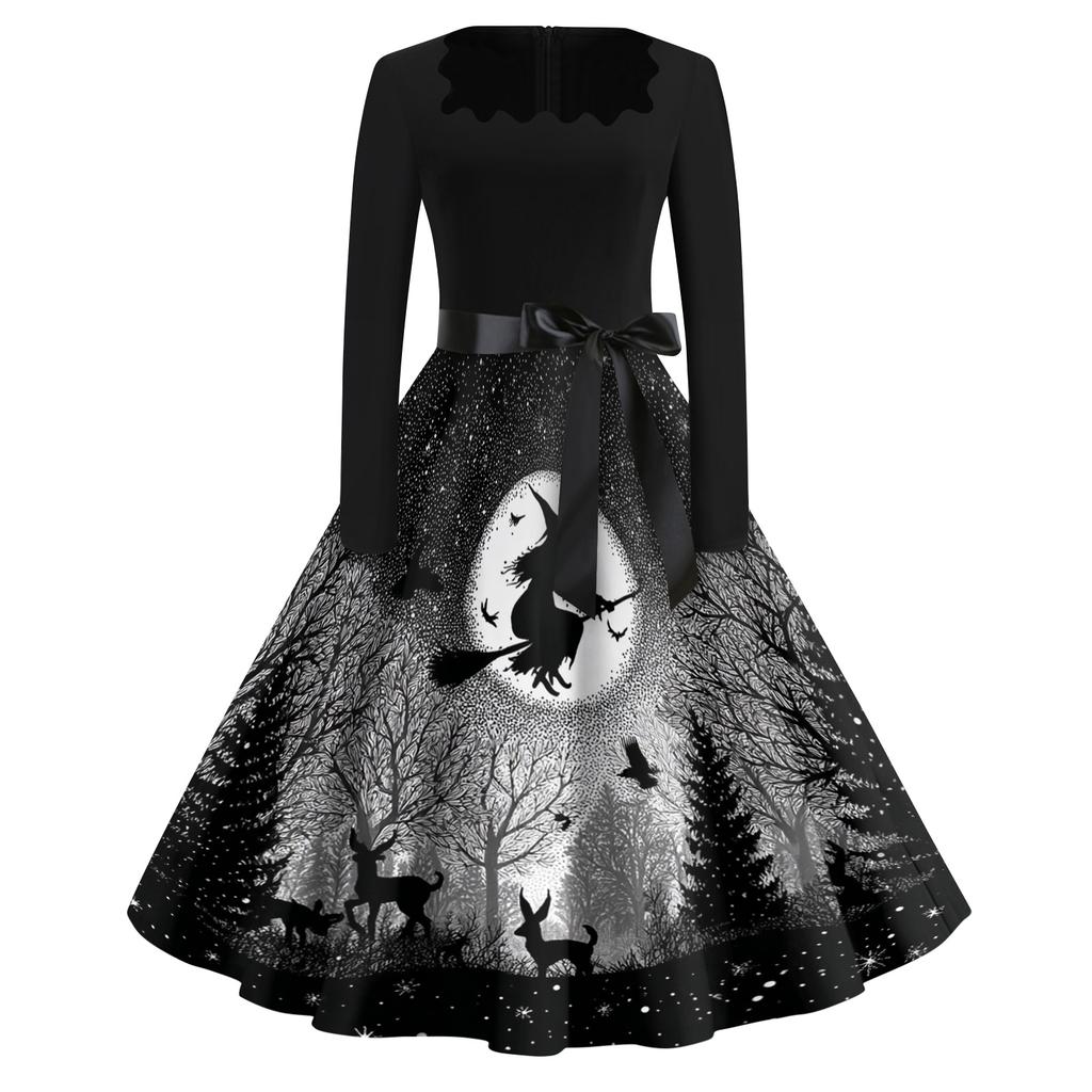 Women's Vintage Square Neck Casual Dress with Halloween Print for Fall Occasions