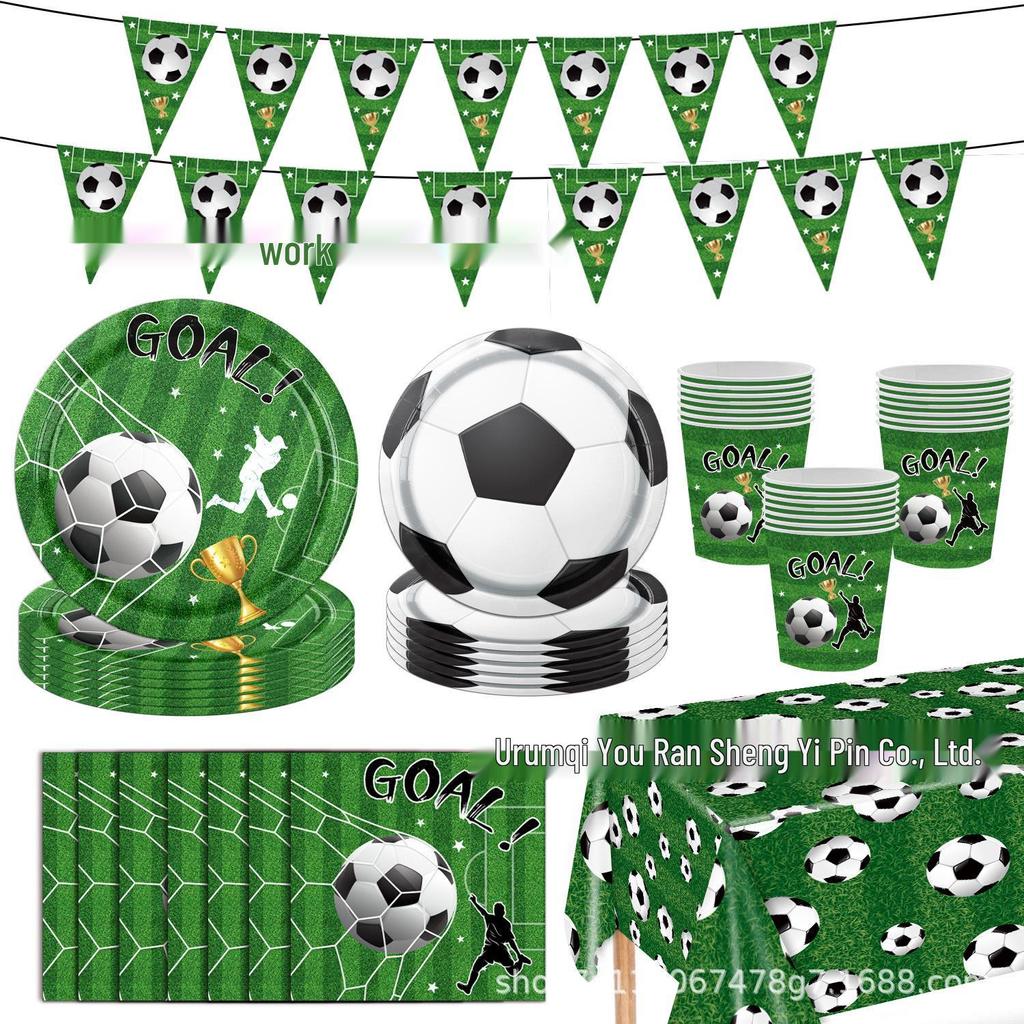 World Cup Football Theme Party Set: Green Field Plates, Tablecloth & Napkins