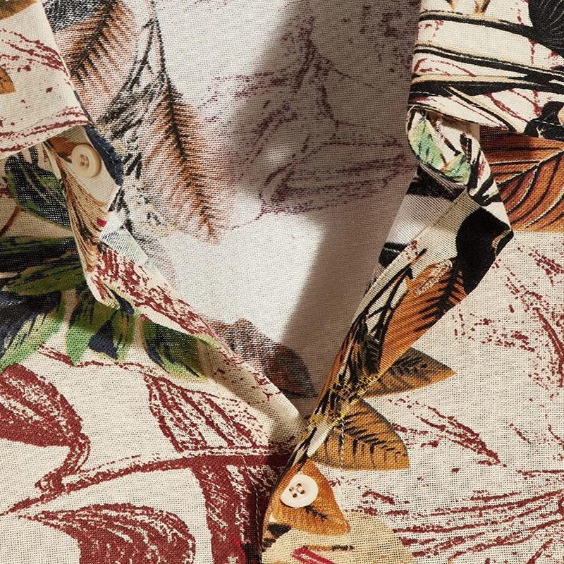 Men's Summer Ethnic Style Short Sleeved Shirt Man Turn-down Collar Flower Leaf Printed Shirt