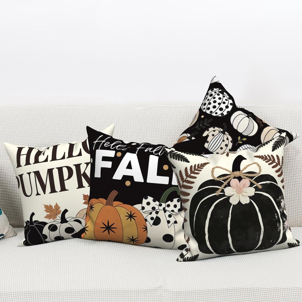 4Pcs/Set Fall Pumpkin Throw Pillow Covers, Hello Fall Polka Dot Cushion Cases, Polyester/Linen, Boho Farmhouse Home Decoration