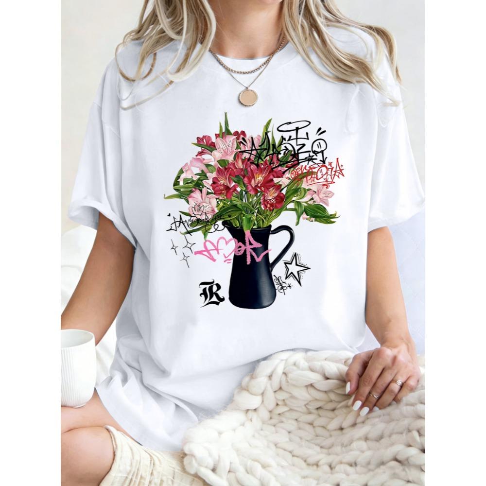 Schöne Blumen Stern Liebe Drucke T-Shirt Damen Baumwolle Rundhals T-Shirts Sommer Oversized Kleidung Lässig Kurzarm