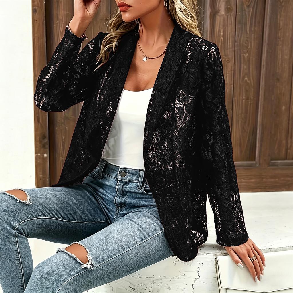 Women Lace Sleeve Open Front Blazer Casual Long Sleeve Lightweight Cardigan Jacket for Office and Daily Wear