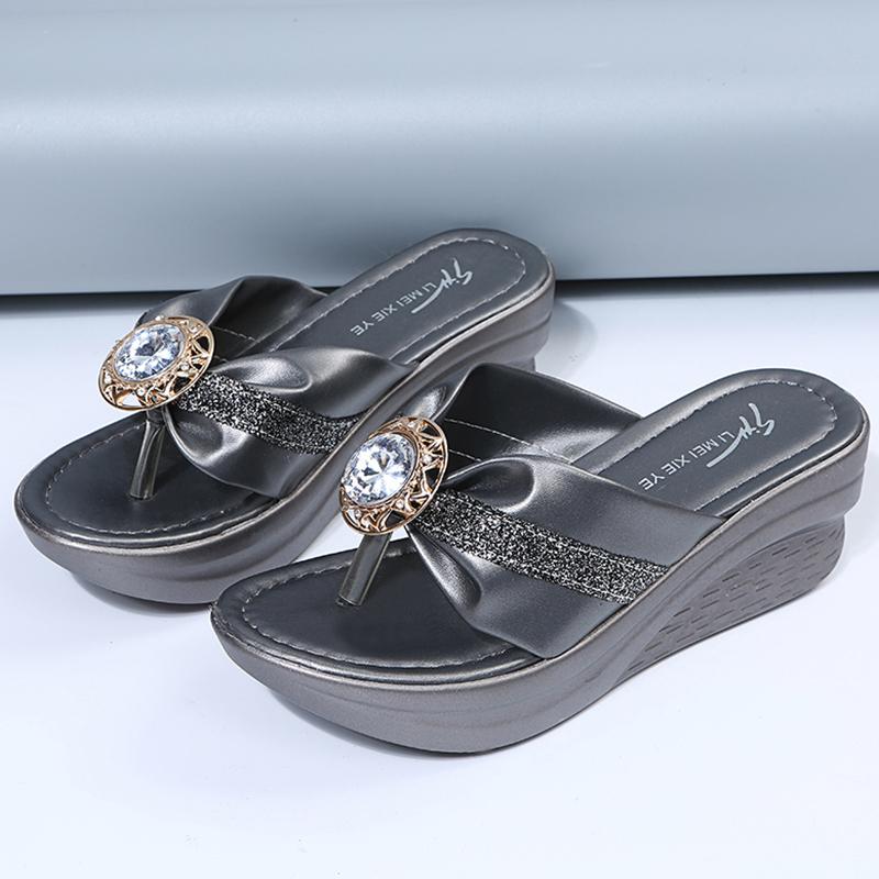 Lucyever Fashion Gold Wedges Slippers for Women 2024 Sequins Rhinestone Clip Toe Sandals Woman Summer Platform Slides Shoes