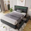 Bed Frame with LED Lighting and 2 Drawers, Single Upholstered Bed 90x200cm, Height-Adjustable Headboard, Wooden Slatted Frame, Grey (Without Mattress)