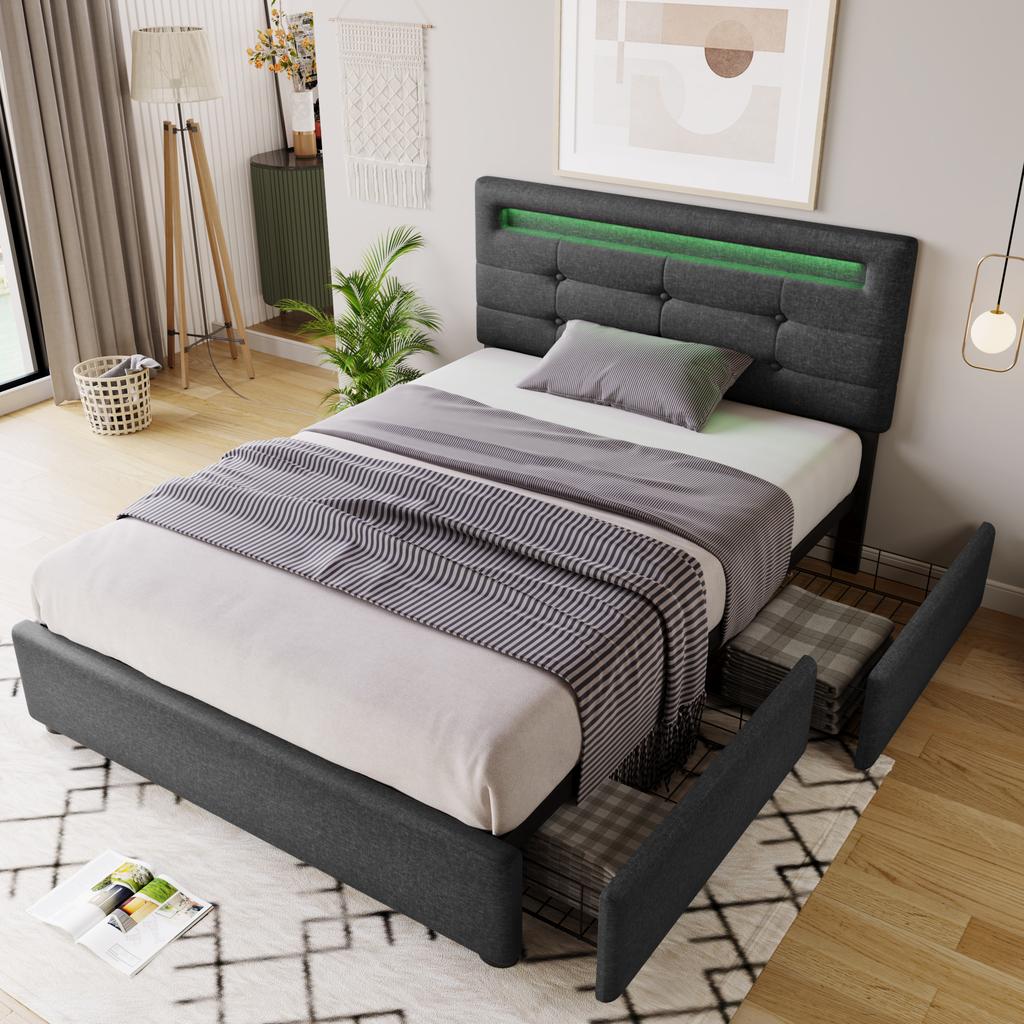 Bed Frame with LED Lighting and 2 Drawers, Single Upholstered Bed 90x200cm, Height-Adjustable Headboard, Wooden Slatted Frame, Grey (Without Mattress)
