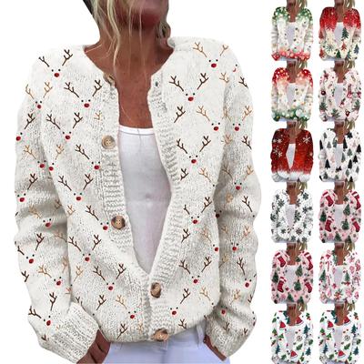 Women's Fashion Christmas Printed Long Sleeve Knitted Cardigan Button Down Jacket