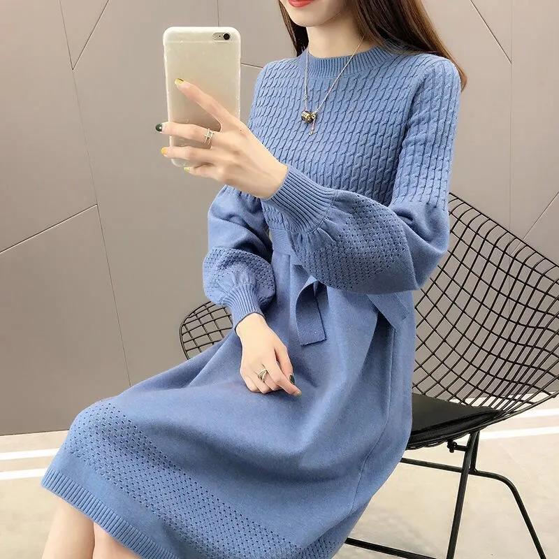 Women Autumn and Winter Long Sleeve Sweater Dress Solid Color O-Neck Lantern Sleeve Elegant Knitted Dresses