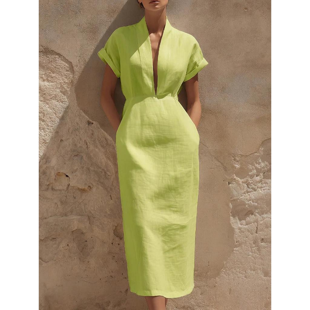 Frühlings-Damen-Einfarbiges Bodycon-Midikleid, Elegantes V-Ausschnitt-Taillenbetontes Langkleid für den täglichen Weg zur Arbeit, Europäischer Amerikanischer Stil