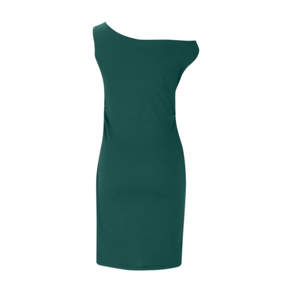 Women's Fashionable Sexy Color Off Shoulder Waist Pleated Sleeveless Hip Hugging Dress