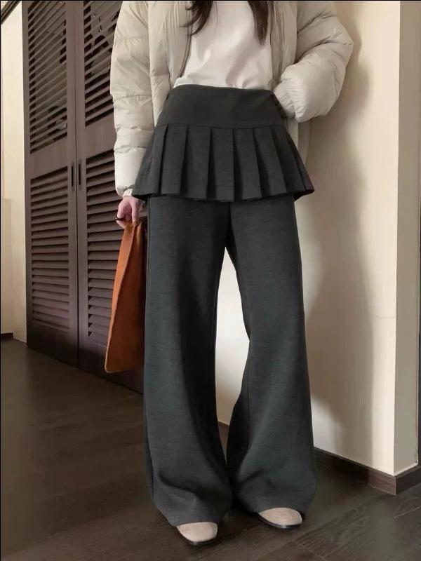 

2026 Spring Korean Layered Faux Two-Piece Pleated Skirt with Slimming Micro-Flare Long Pants for Women XL светло-серый
