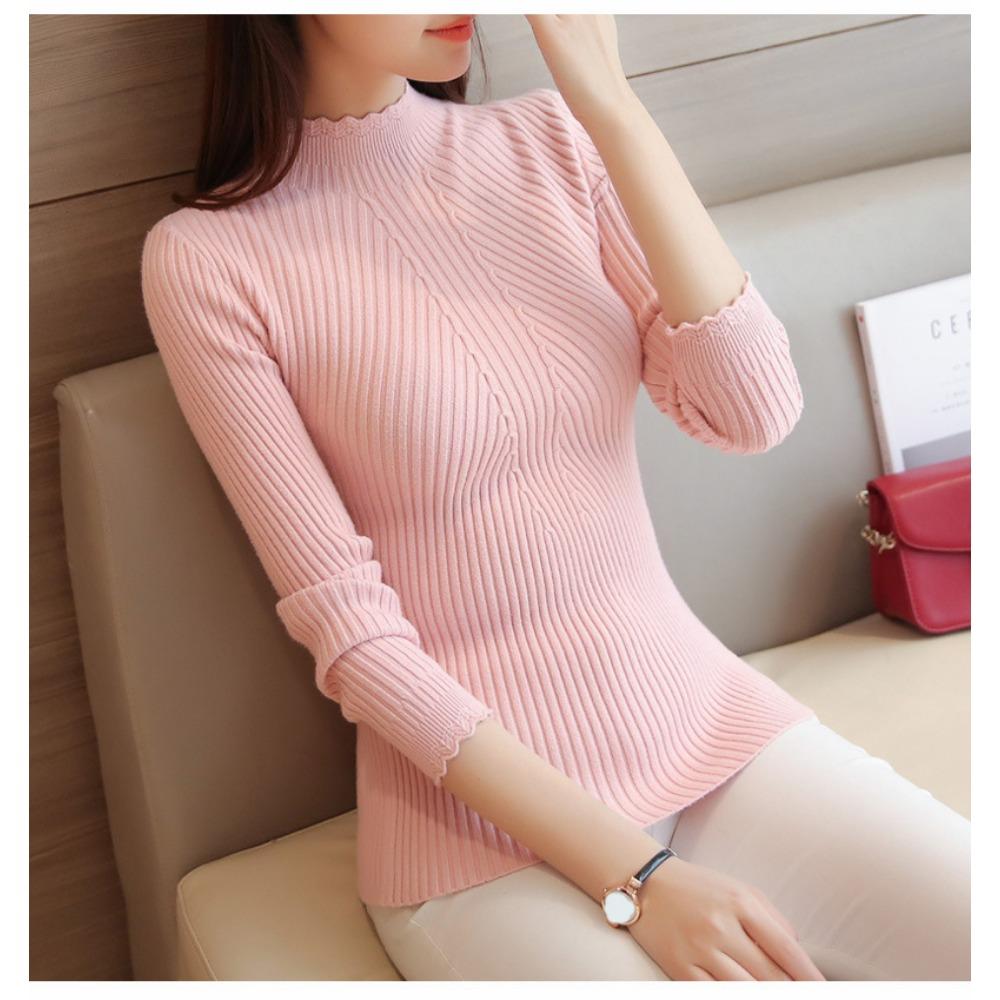 Podzimní Ženy Vysmívající se Volány za krkem Svetr Dlouhý rukáv Pletené Spodní část Pevné pulovry Proužek Pro ženy Svetr Zima