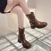 British Style Simple Black Thick Sole Knight Boots Fashion Slip On 4cm Mid Heel Belt Buckle Women Shoes Retro Fashion Short Boot