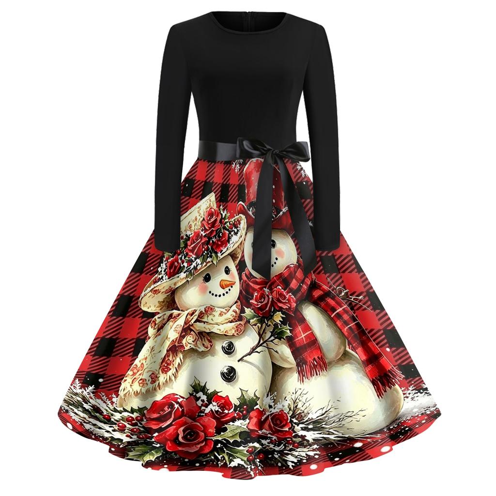 Women's Casual Vintage V-Neck Dress with Christmas Snowflake and Tree Print