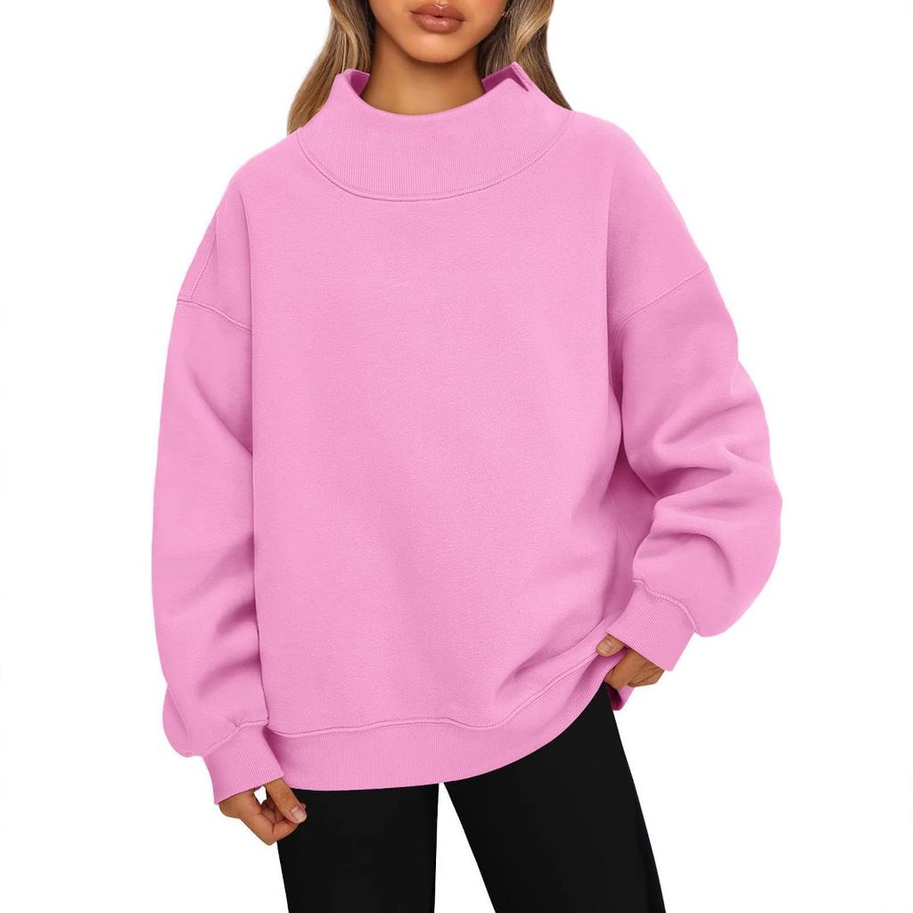 Fashionable Loose High Neck Long Sleeved Solid Color Hoodie for Lady Lazy Style Basic Casual Commuted Pullover Top