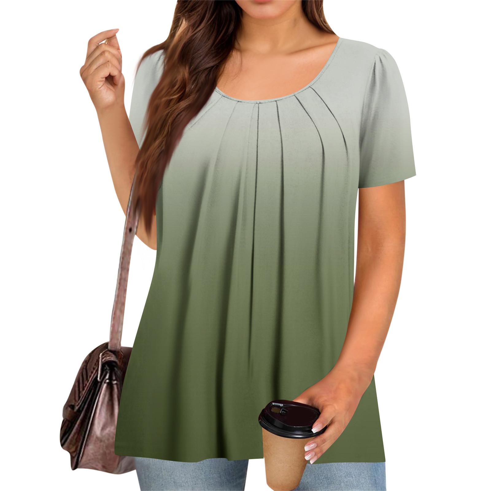

Женская футболка с коротким рукавом, элегантная повседневная рубашка, весенне-летний наряд, струящиеся плиссированные топы с круглым вырезом спереди, летние топы S светло-зеленый