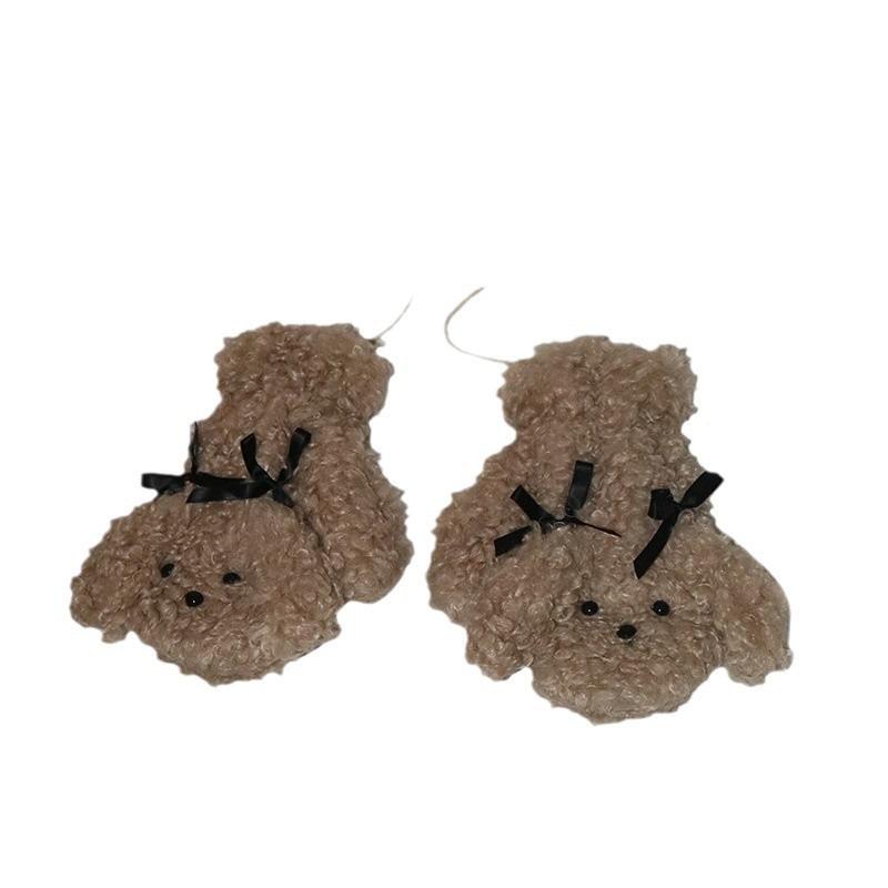 [Scarf, Hat and Gloves Three-piece Set] Plush Bow Gloves for Women's Winter Warm, Thickened and Cold-proof Riding