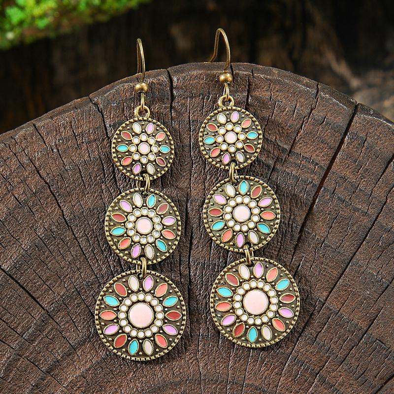 Orecchini Smaltati Colorati Etnici Retrò Bohemien da Donna Boho Fiore Vuoto Geometrico Rotondo Vintage Pendenti Gioielli Regalo